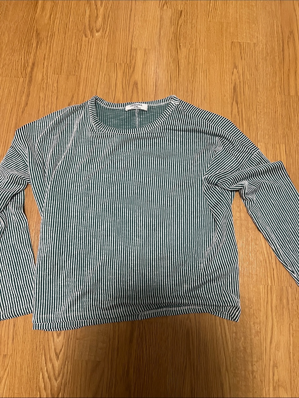 Zenana Outfitters Green and White Striped Long-Sleeve Crewneck